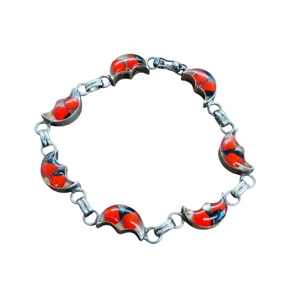 Vtg 950 Sterling Silver Red Black Ladybug Peruvian Huayruro Seed Link Bracelet - Picture 1 of 5